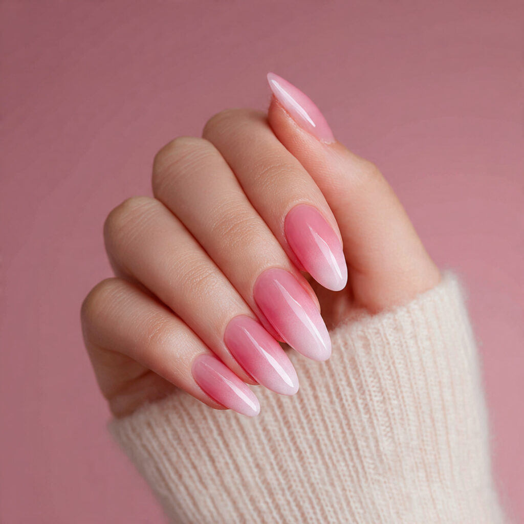 one hand with attractive pink ombre almond shaped