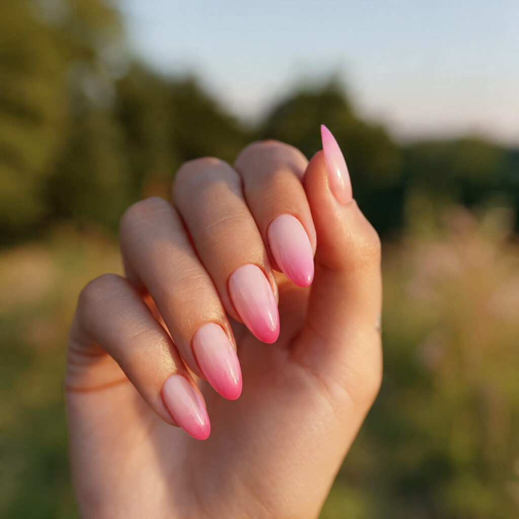 Summer Nails 2026 Pink: Soft, Glossy & Dreamy Pink Nail Inspo 3 one hand with attractive pink ombre almond shaped 1 1