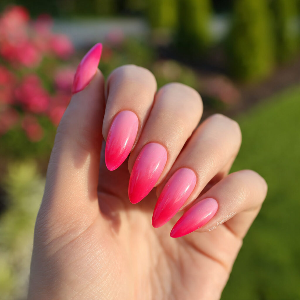 one hand with attractive pink ombre stiletto nails