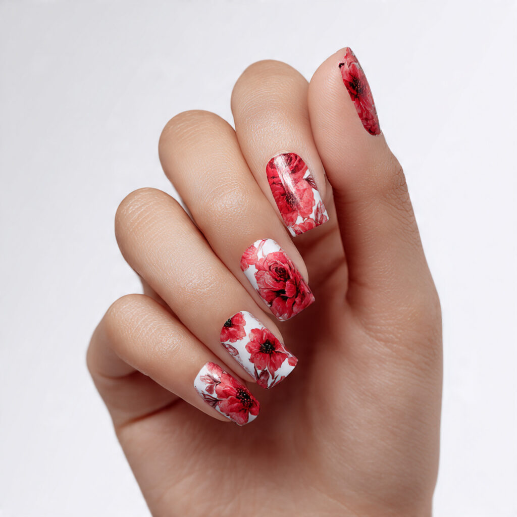 Summer Nails Blooming Gel: Soft, Blended & Dreamy Nail Art You’ll Love 9 one hand with attractive red floral bloom nail art