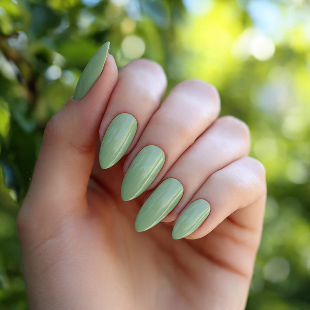 one hand with attractive sage green long almond na