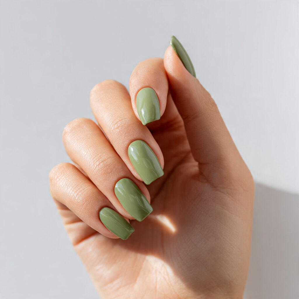 Summer Nails 2026 Square: The Chicest Designs You’ll Want to Copy ASAP 10 one hand with attractive sage green minimal square
