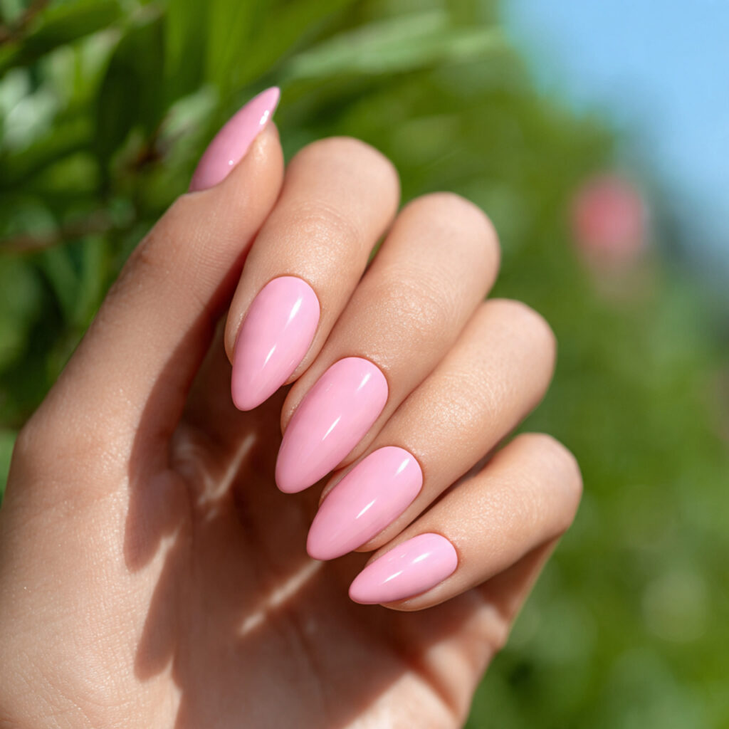 Summer Nails 2026 Pink: Soft, Glossy & Dreamy Pink Nail Inspo 12 one hand with attractive soft matte pink almond na