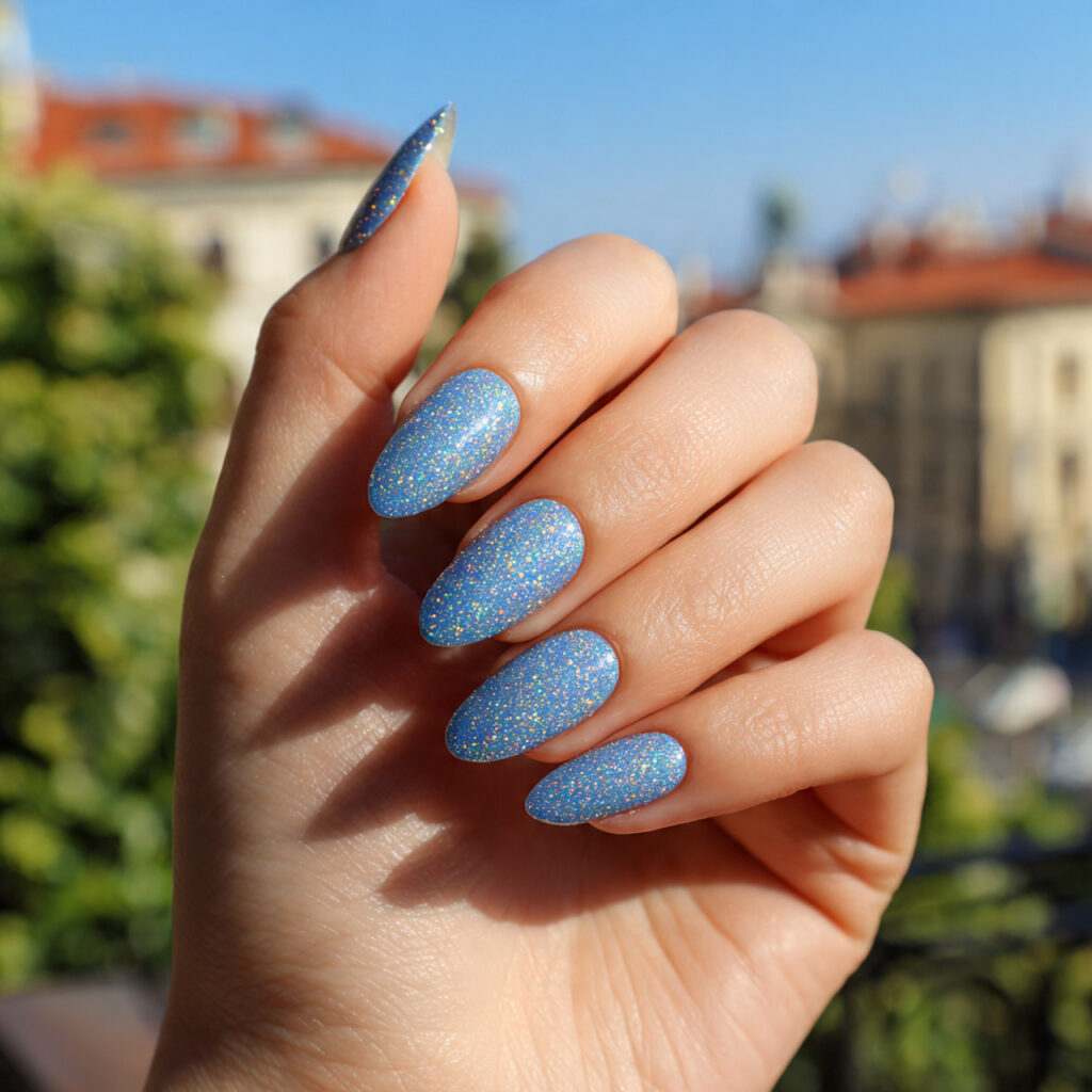 Summer Nails for Kids: Cute, Colorful & Full of Joy 11 one hand with attractive starry glitter nails glos