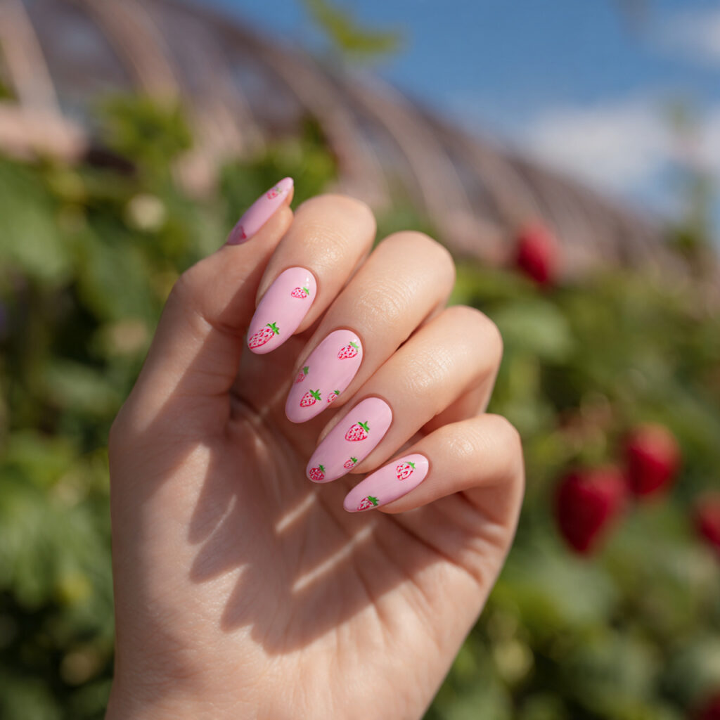 Summer Nails With Designs: 14 Aesthetic Looks You’ll Want to Copy 1 one hand with attractive strawberry milk design na