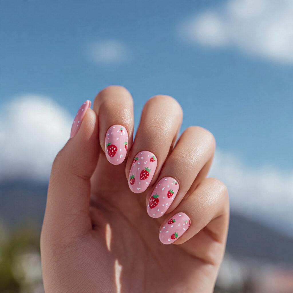 Summer Nails 2026 Pink: Soft, Glossy & Dreamy Pink Nail Inspo 2 one hand with attractive strawberry milk nails glo