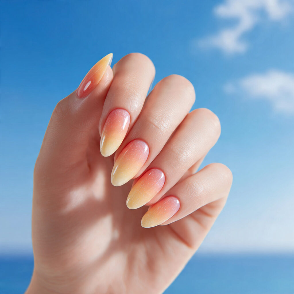 one hand with attractive sunset ombre almond nails