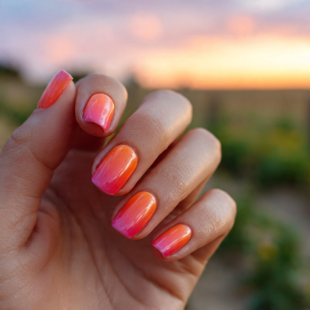 one hand with attractive sunset ombre nails glossy 1
