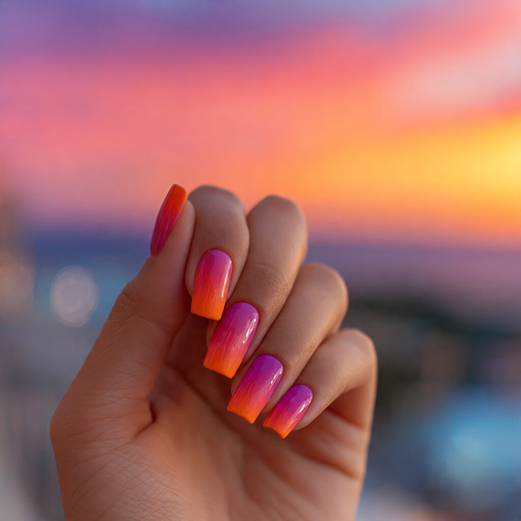 Summer Nails Inspirations: The Dreamiest Looks You’ll Want to Save Instantly 7 one hand with attractive sunset ombre nails glossy