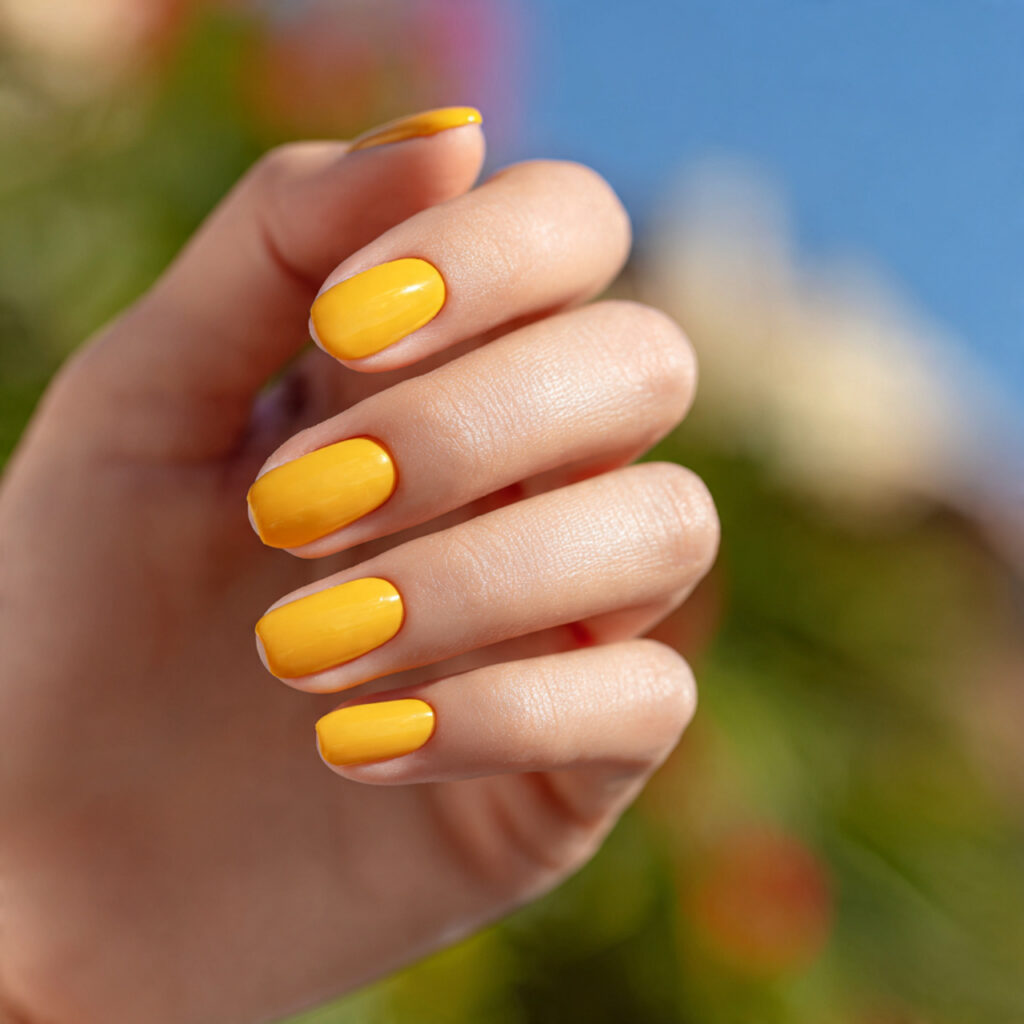 Summer Nails Bright: Bold Colors You’ll Fall in Love With 2 one hand with attractive sunshine yellow short nai