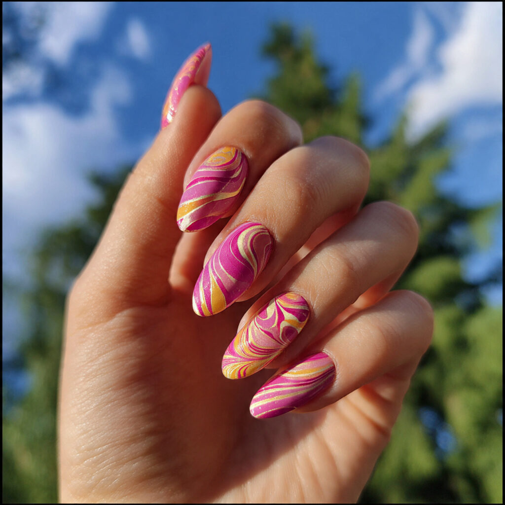 one hand with attractive swirl art almond nails gl