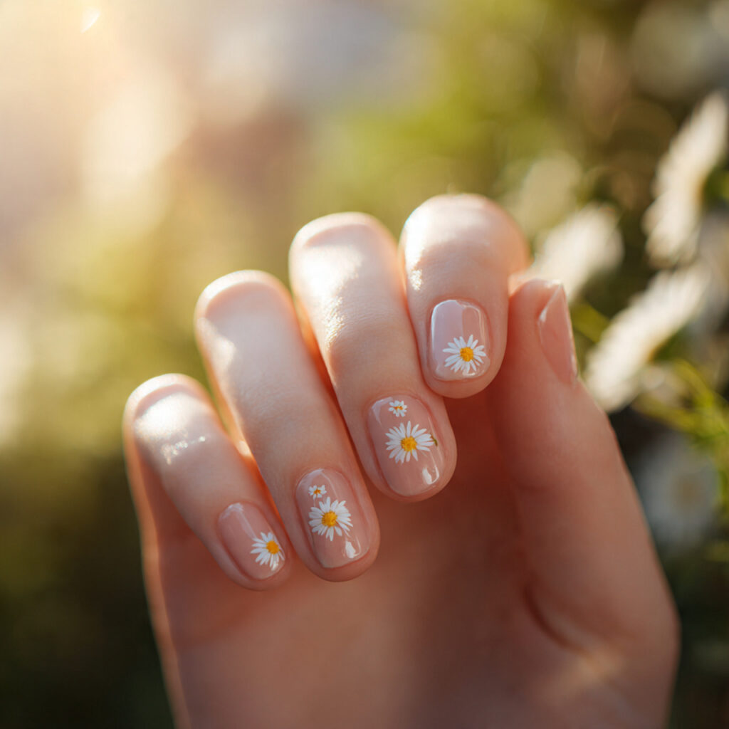 Summer Nails 2026 Short: Cute, Fresh & Effortless Nail Ideas You’ll Obsess Over 3 one hand with attractive tiny daisy nail art on sh