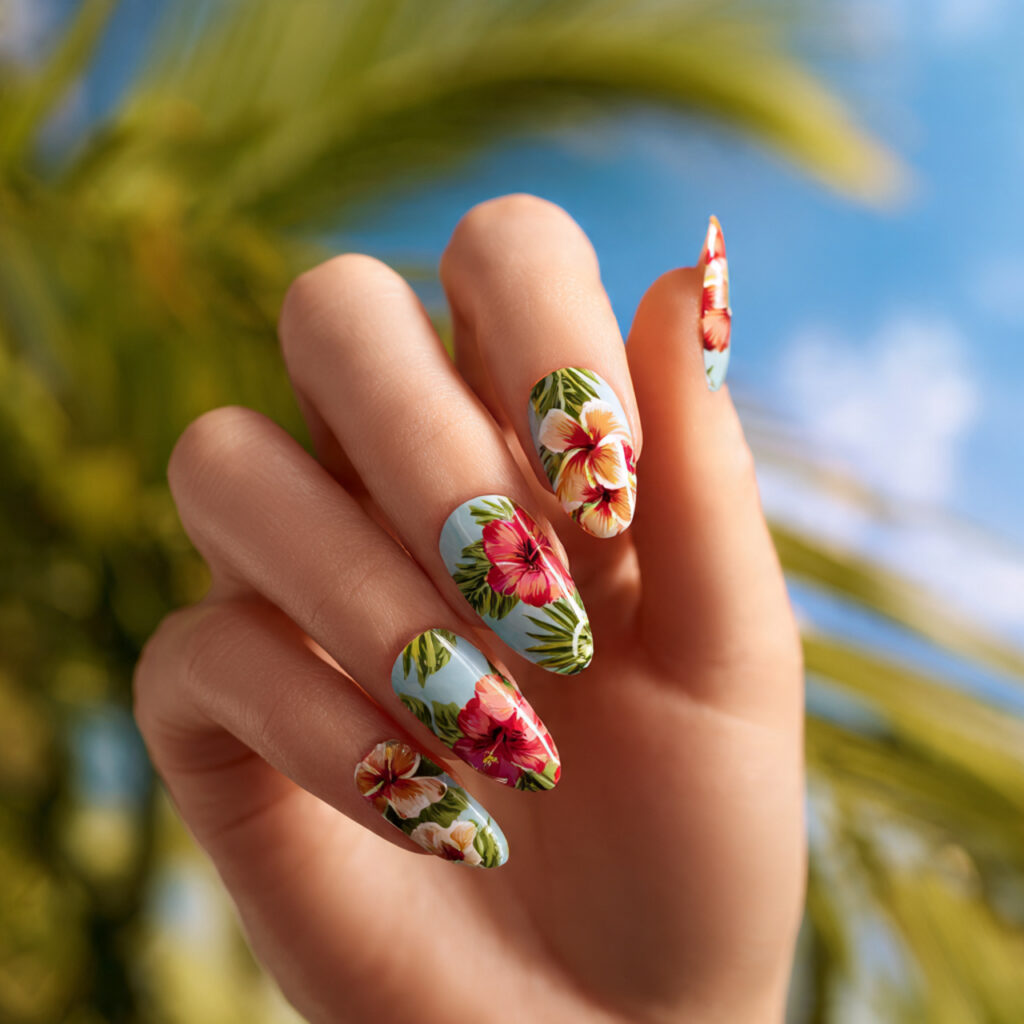 one hand with attractive tropical flower nail art