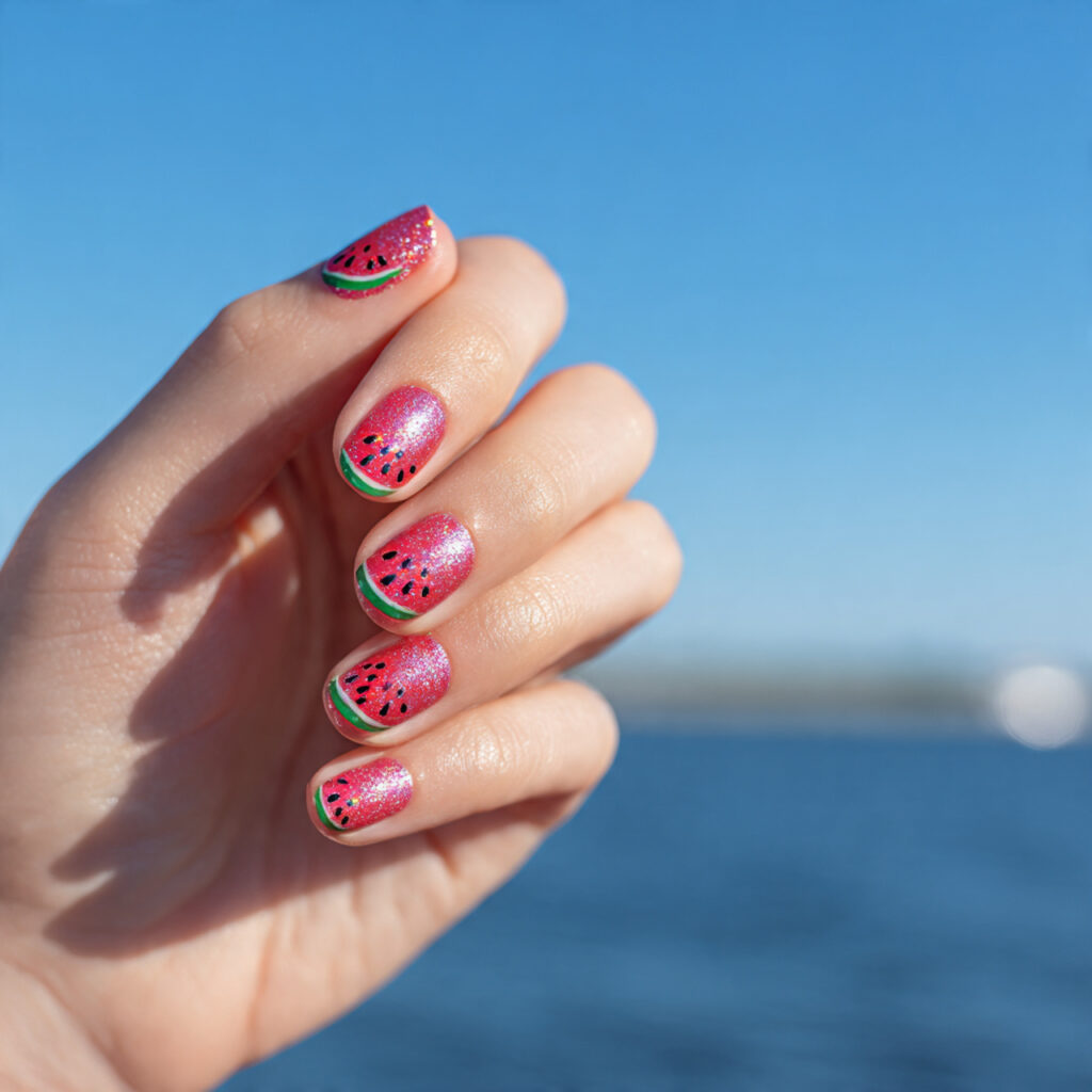 one hand with attractive watermelon pop nails glos