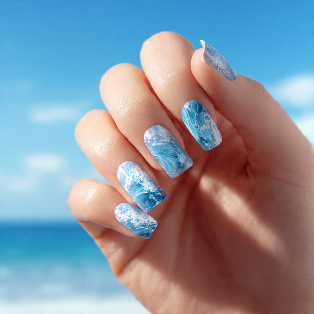 one hand with attractive wave nail art glossy fini