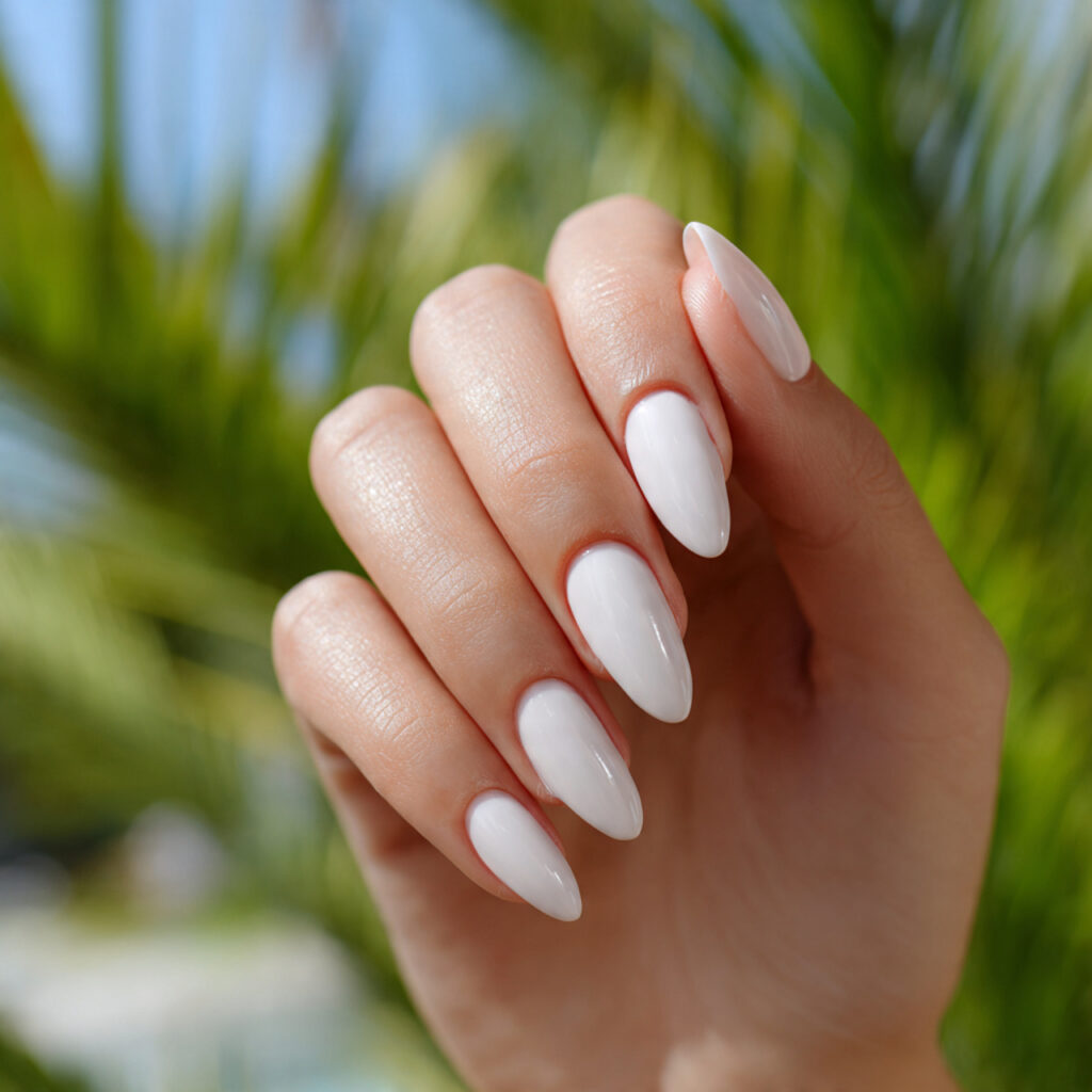 one hand with attractive white gloss almond shaped
