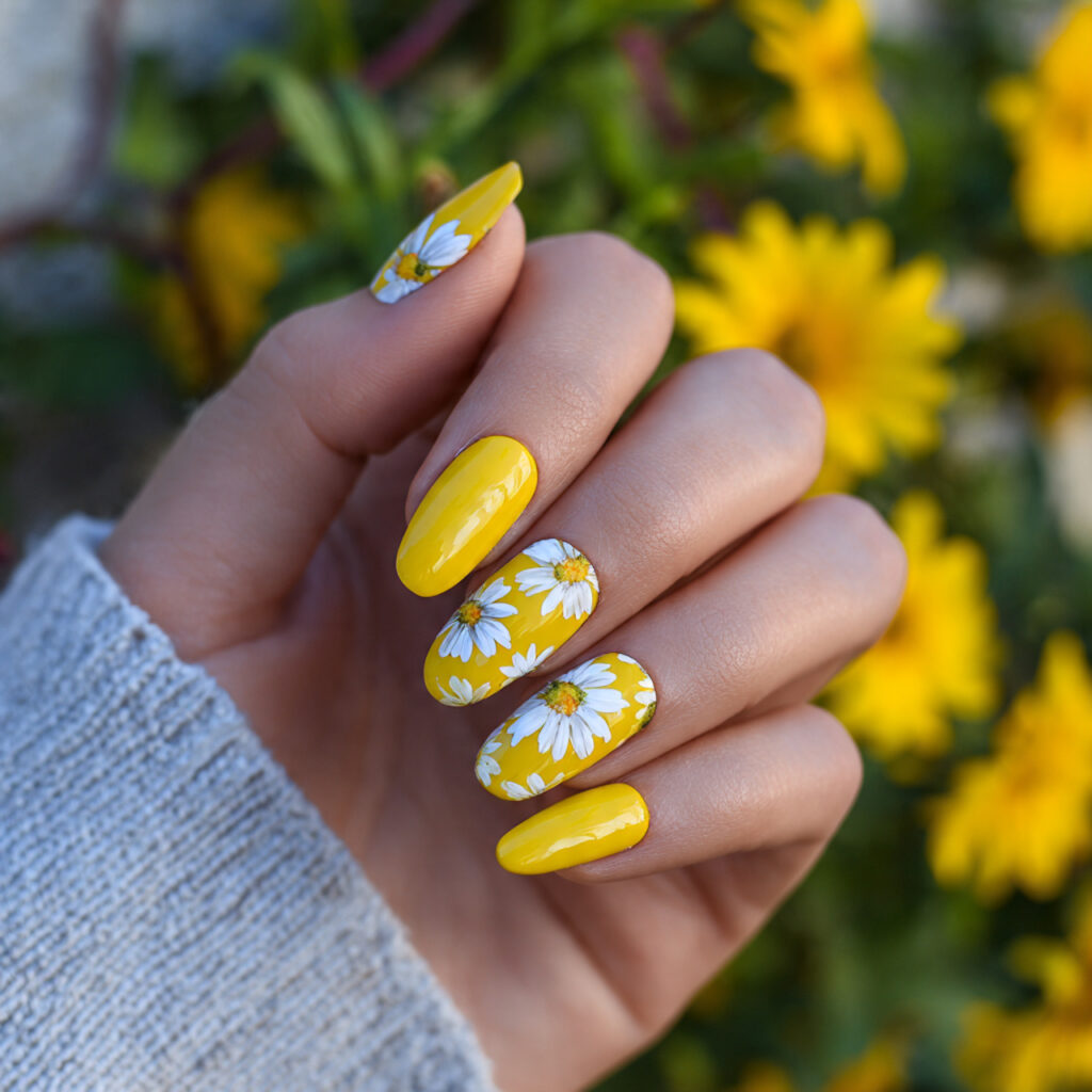 Summer Nails for Kids: Cute, Colorful & Full of Joy 6 one hand with attractive yellow daisy nail art glo