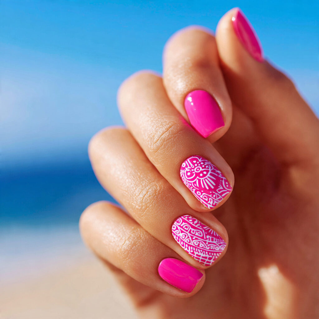 Pink Nails with Designs: Cute Details That Make You Glow 12 a close up of an attractive hand with glossy hot p