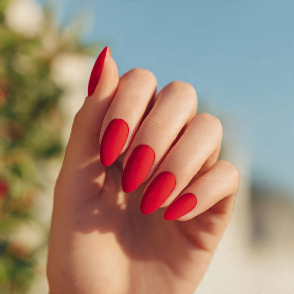 Red Nails Almond: Dreamy, Bold & Effortlessly Chic Designs You’ll Want to Save 11 a close up of one hand with attractive matte red a