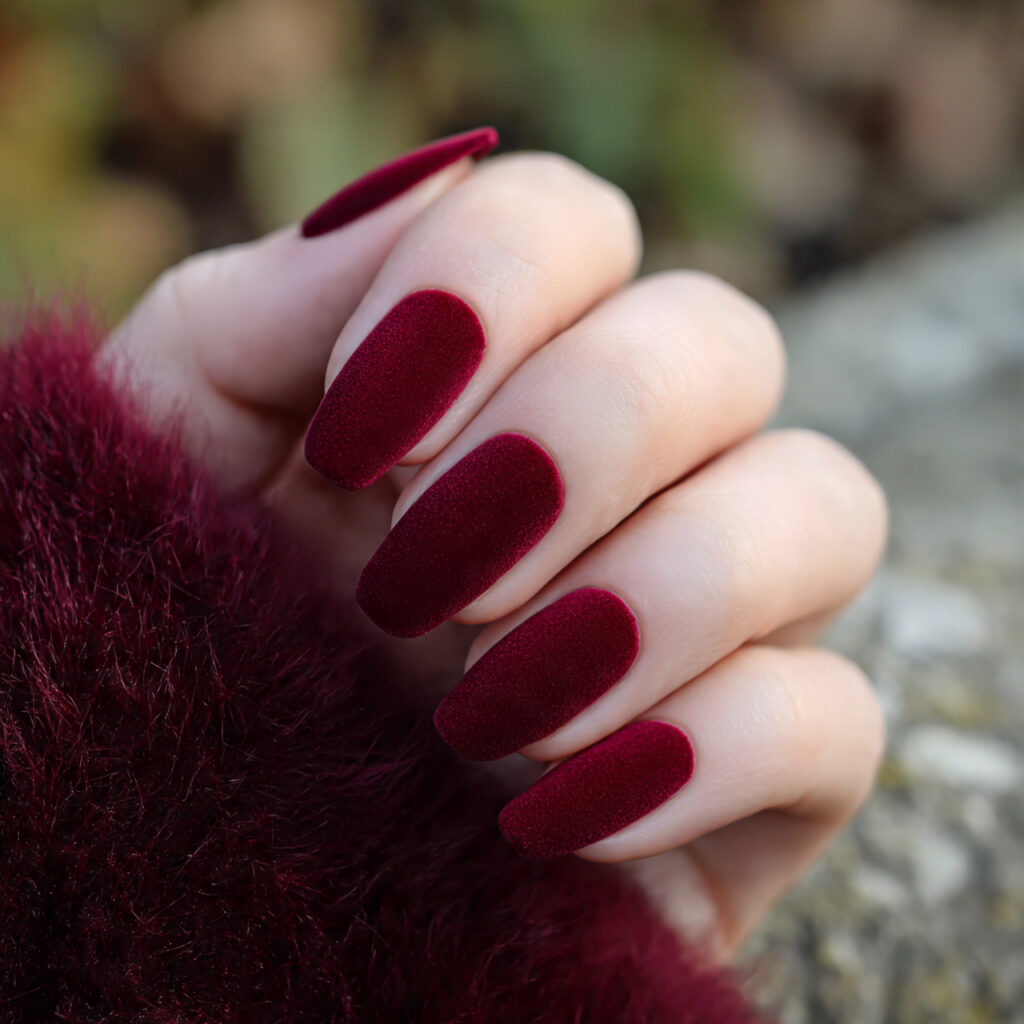 Red Nails Inspo 2026: Bold, Glossy & Totally Addictive Looks 8 a close up of one hand with dark red velvet nails