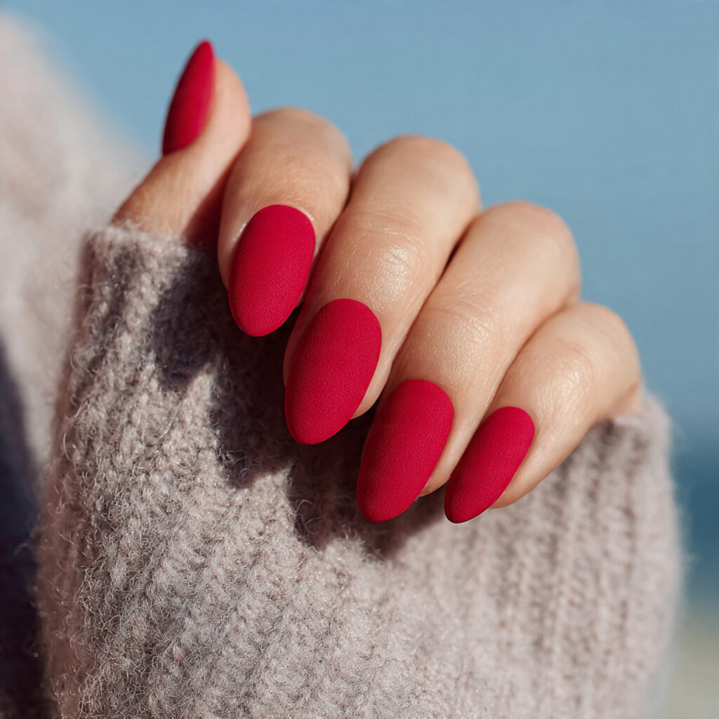 Red Quince Nails: Regal, Romantic & Made for Your Main Character Moment 13 a close up of one hand with matte red quince shape