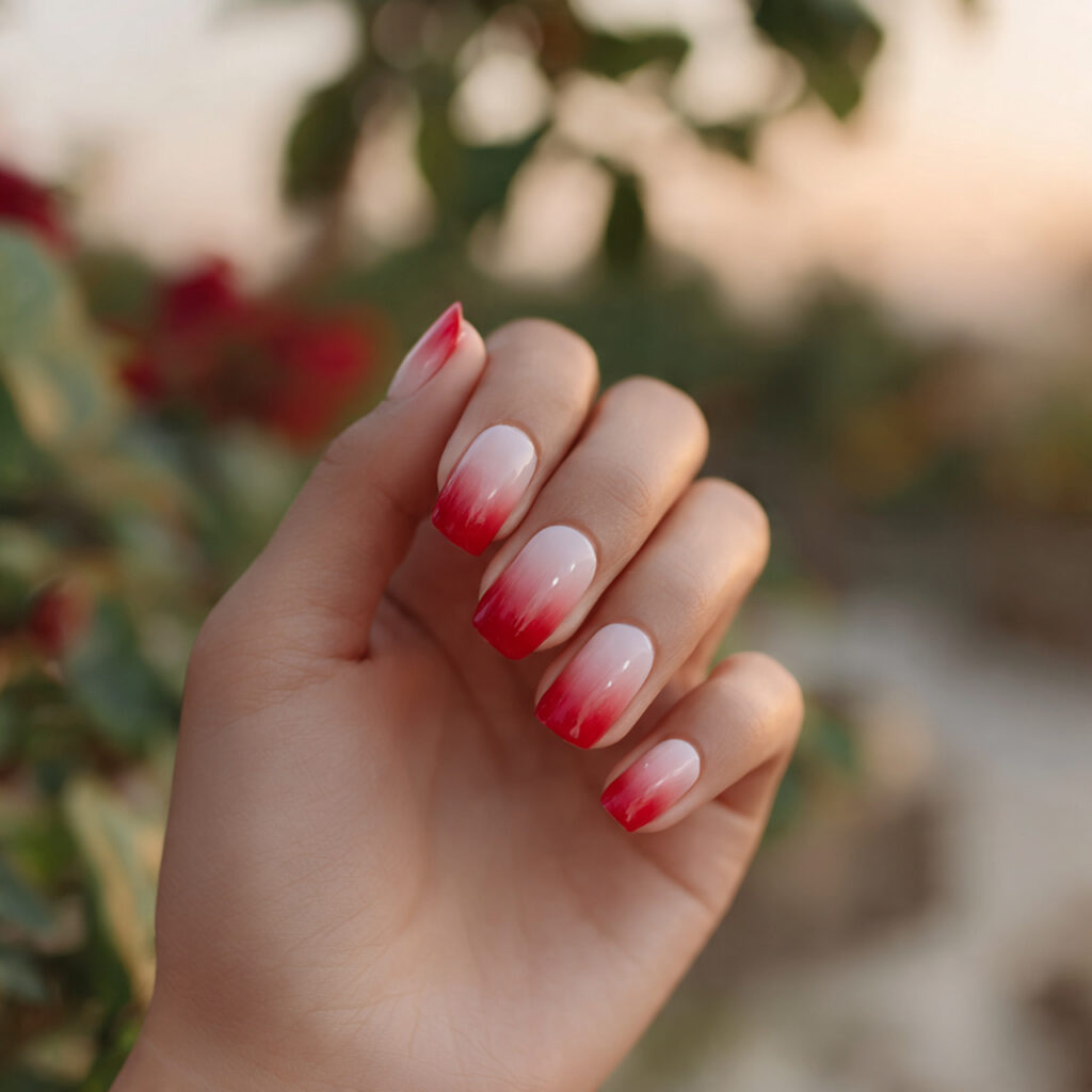 Prom Nails Red: 14 Stunning Designs for Your Perfect Night 5 a single hand with blush to red aura nails manicur