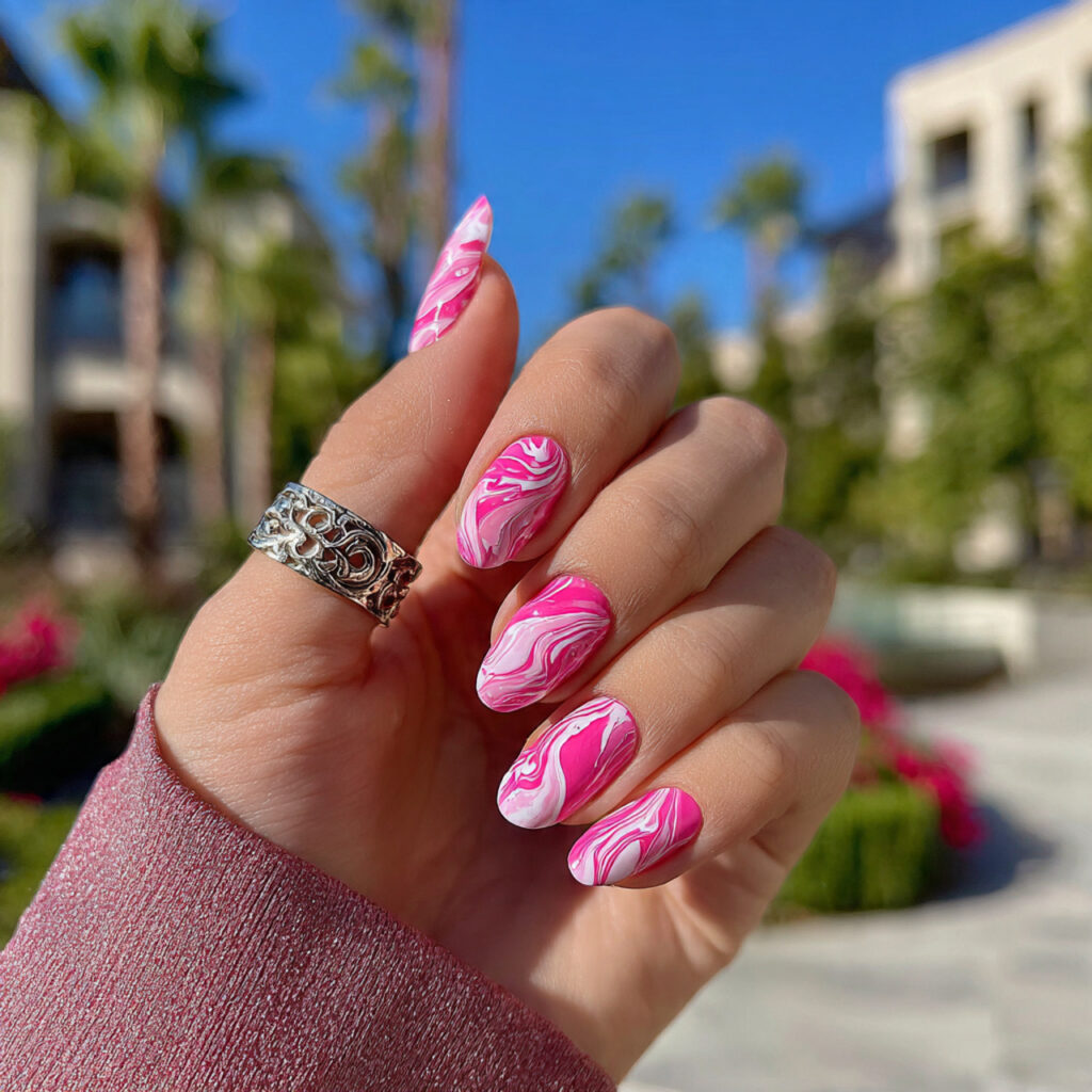 White and Pink Nails: 14 Soft, Dreamy Designs You’ll Want to Copy 9 attractive abstract pink and white swirls nails wi