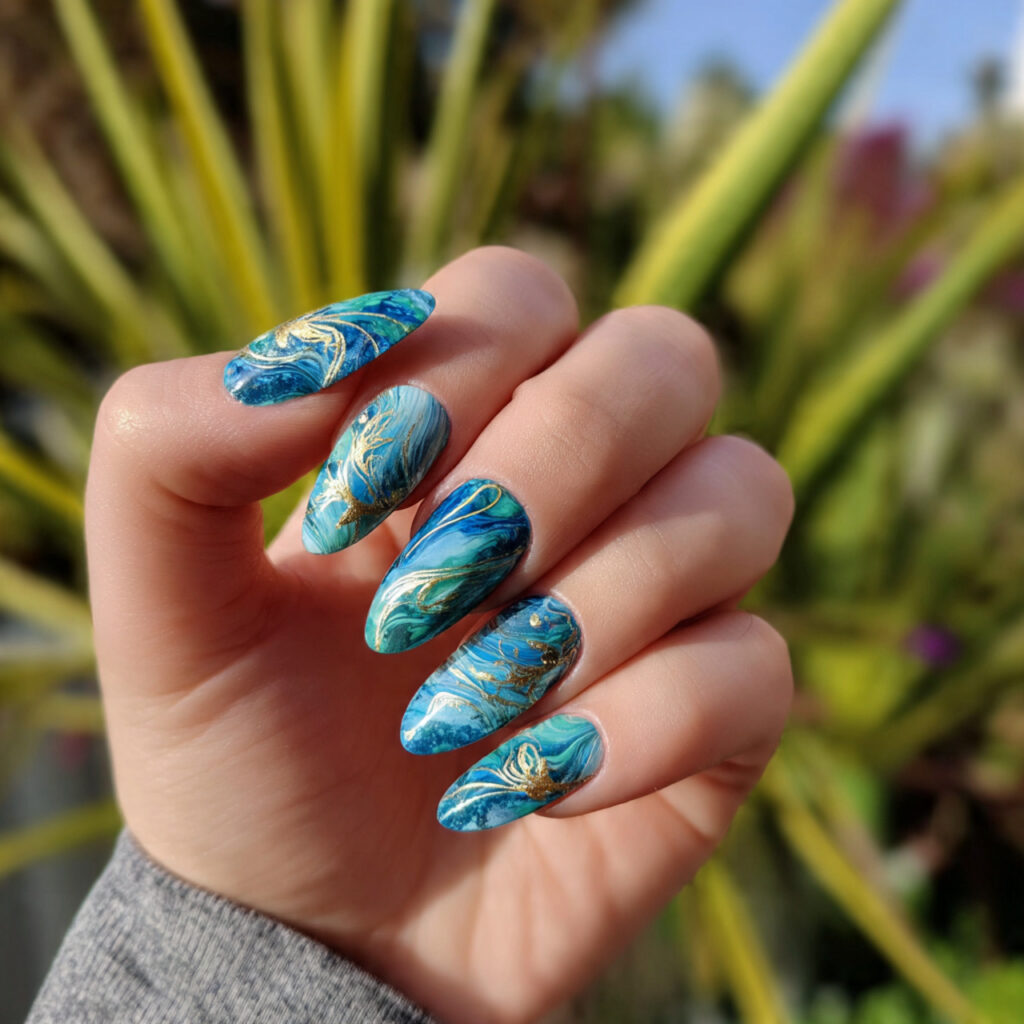 attractive abstract swirl almond nails with outdoo