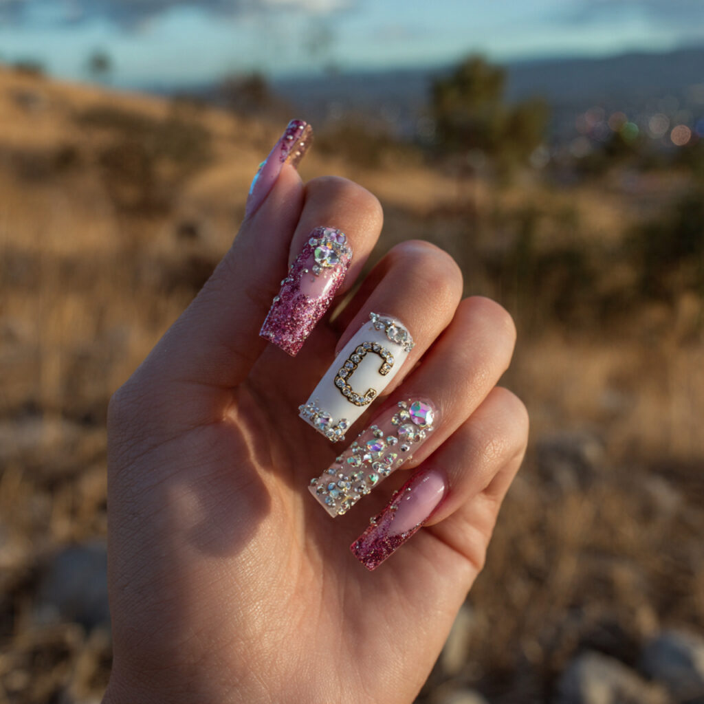 Nail Inspo with Initial: Personal, Pretty & Totally Your Vibe 10 attractive acrylic nails with initial and rhinesto