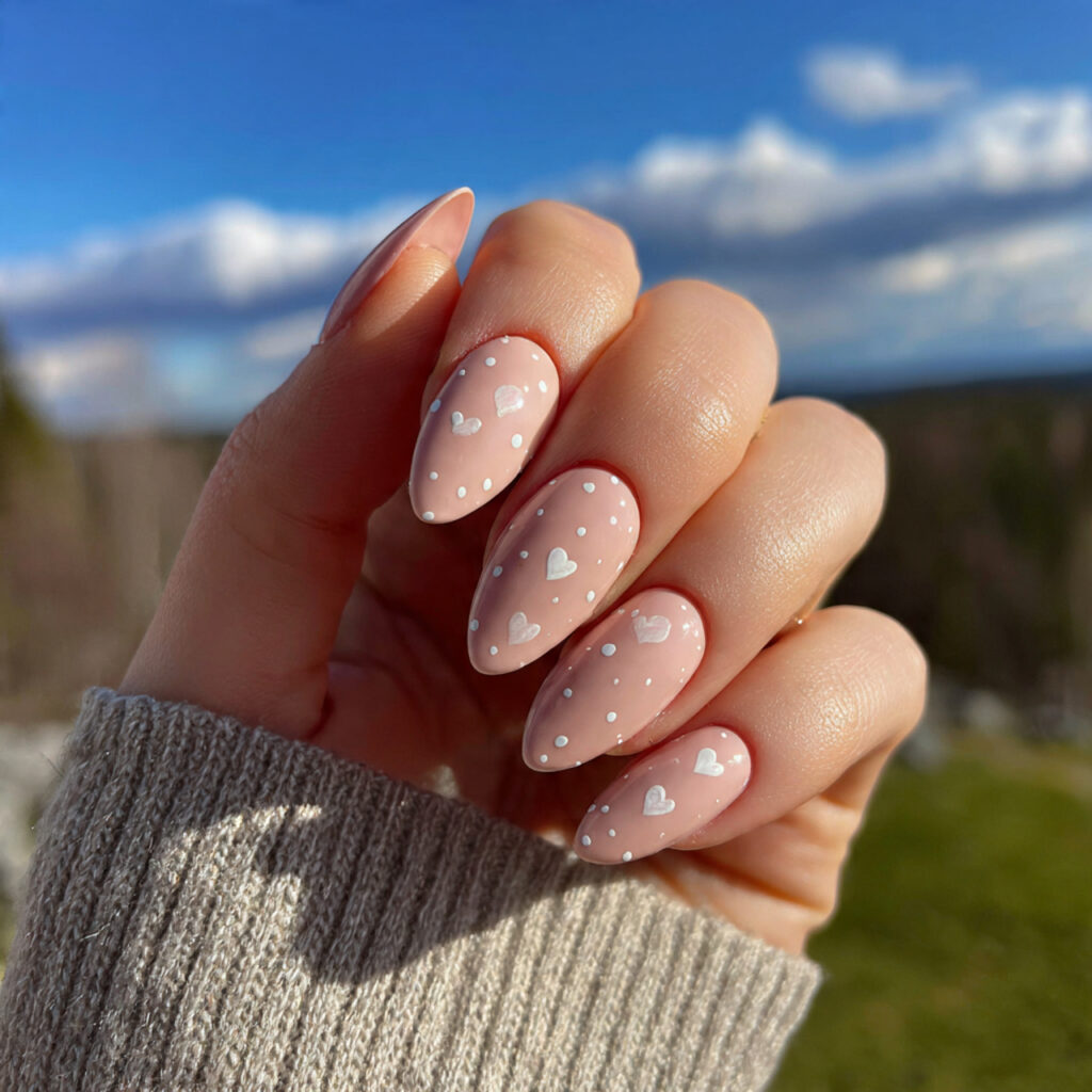 attractive almond nails with tiny hearts with outd