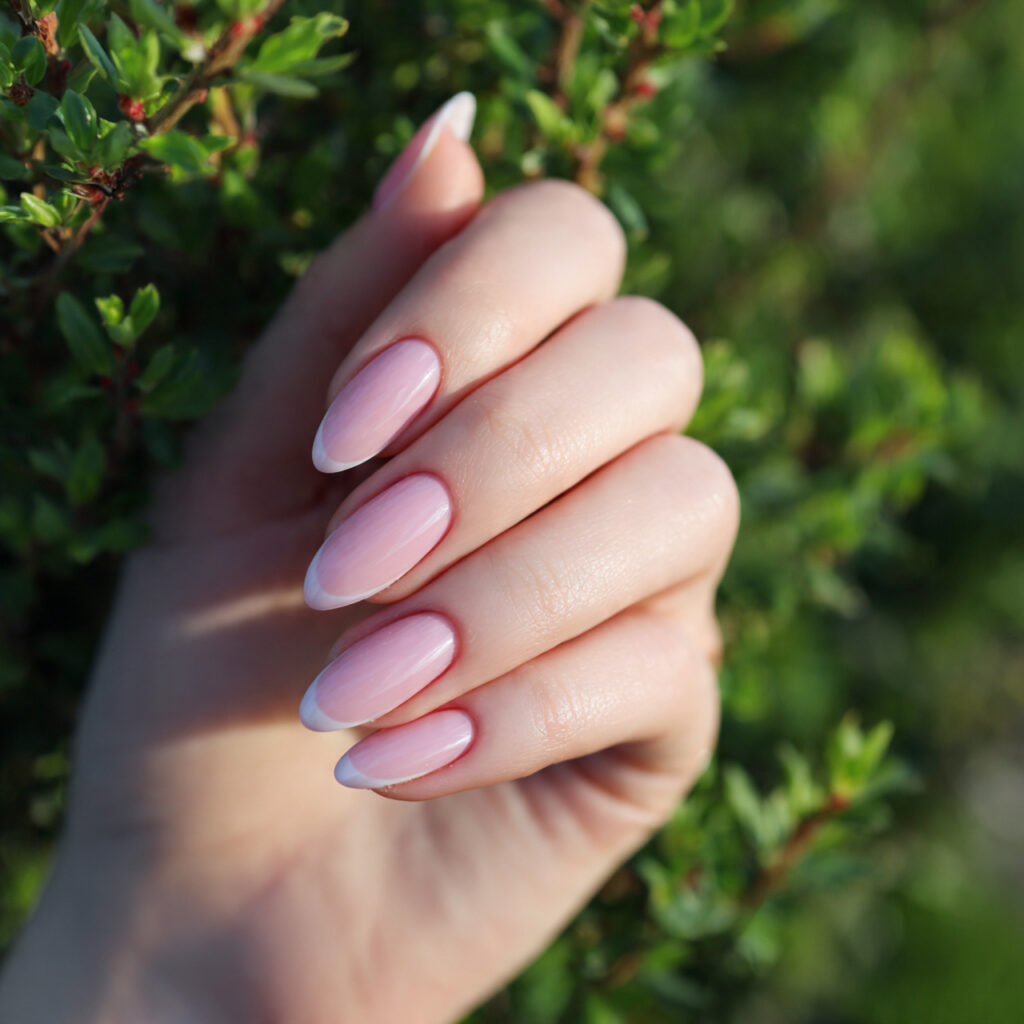 attractive almond shape nude acrylic nails with ou