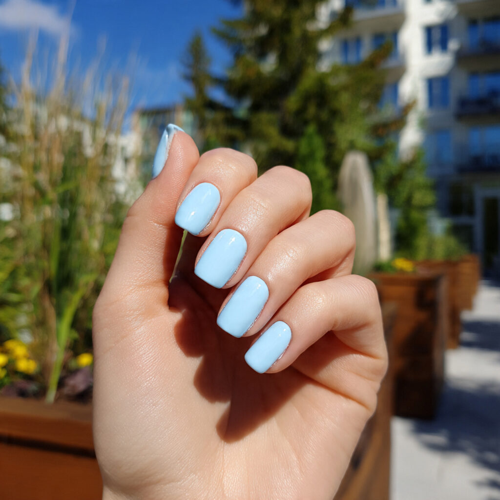 attractive baby blue short nails with outdoor back
