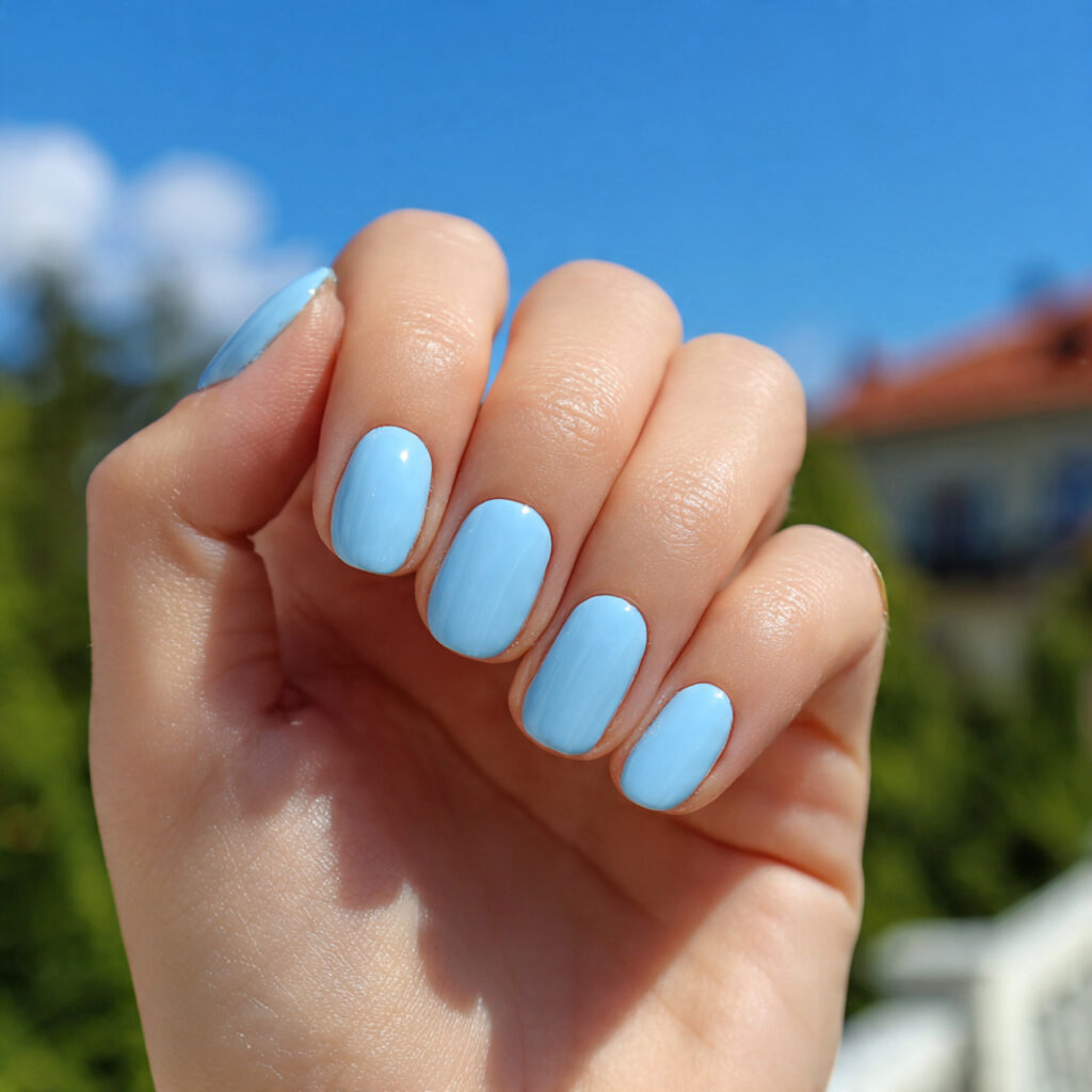 Short Nails Color: Cute, Glossy & Effortlessly Aesthetic Shades 9 attractive baby blue short nails with outdoor back 2
