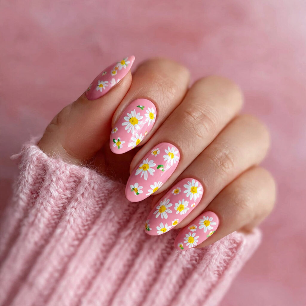 Pink Flower Nails: 14 Dreamy Designs You’ll Want to Save 1 attractive baby pink daisy nails outdoor backgroun