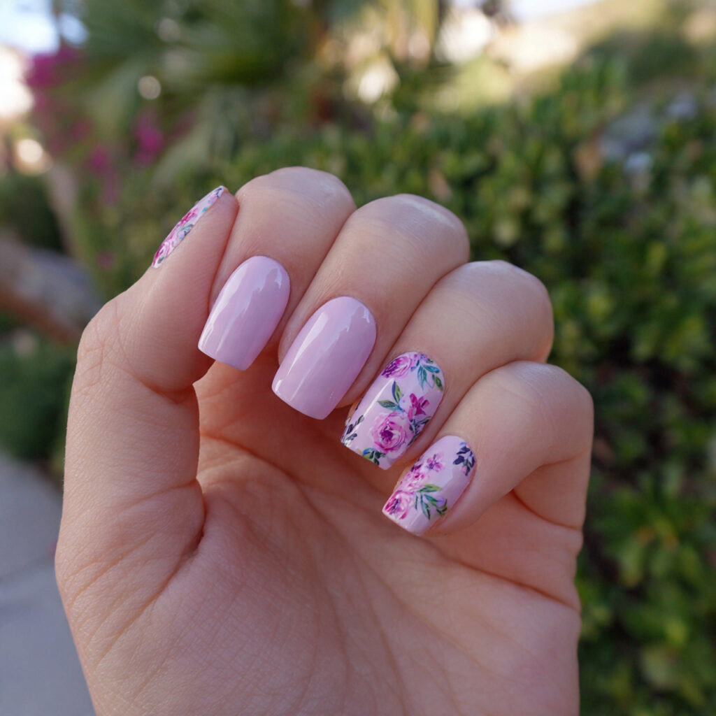 Nails Baby Pink: The Softest Trend You’ll Be Obsessed With 5 attractive baby pink floral accent nails with outd