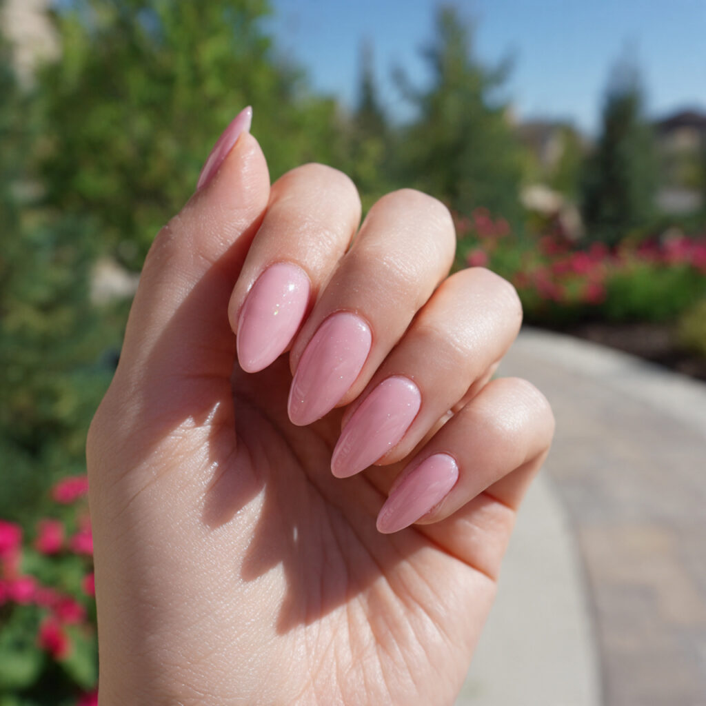 attractive baby pink gloss almond nails with outdo