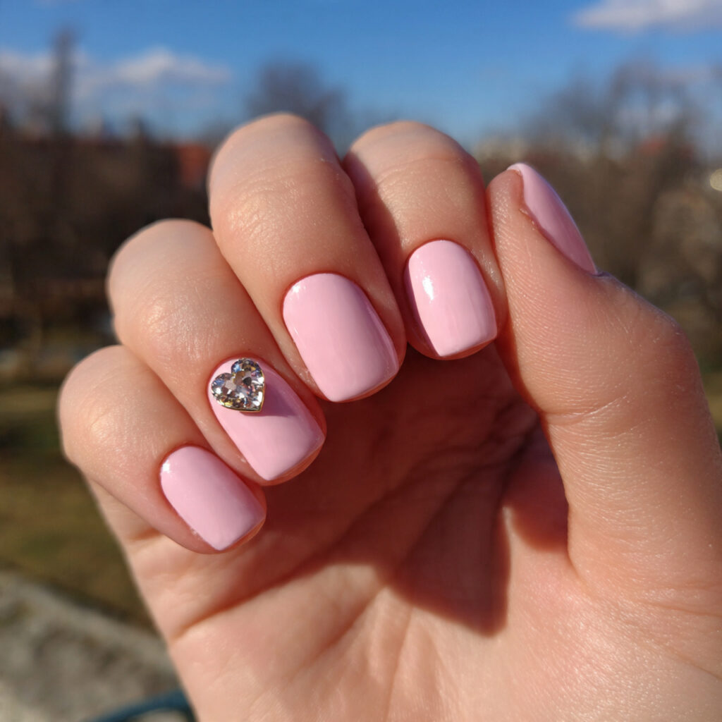 attractive baby pink short nails with heart charm