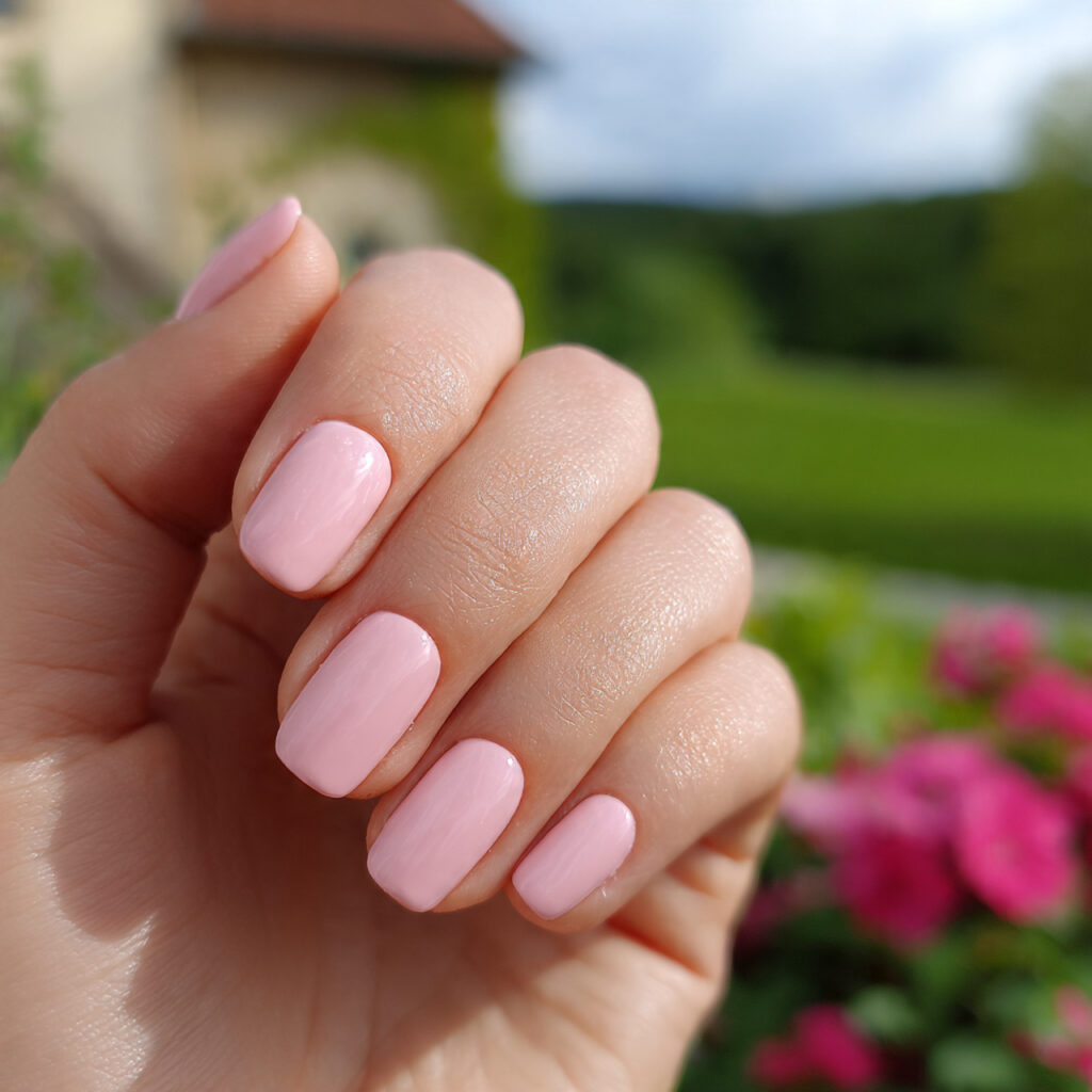 Short Nails Inspo Aesthetic: Cute, Clean & Effortlessly Pretty Ideas 3 attractive baby pink short nails with outdoor back 1