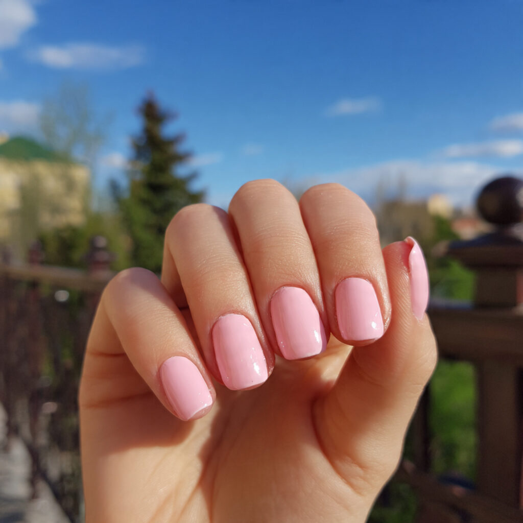 Short Nails Color: Cute, Glossy & Effortlessly Aesthetic Shades 2 attractive baby pink short nails with outdoor back 2