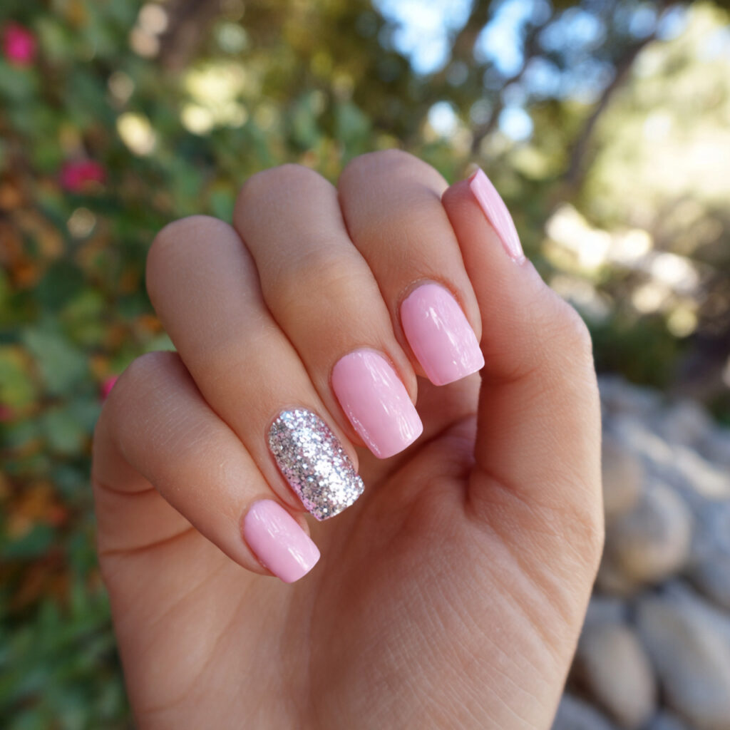 Pink and Silver Nails: Soft Glam Meets Sparkle 4 attractive baby pink with silver accent nail with