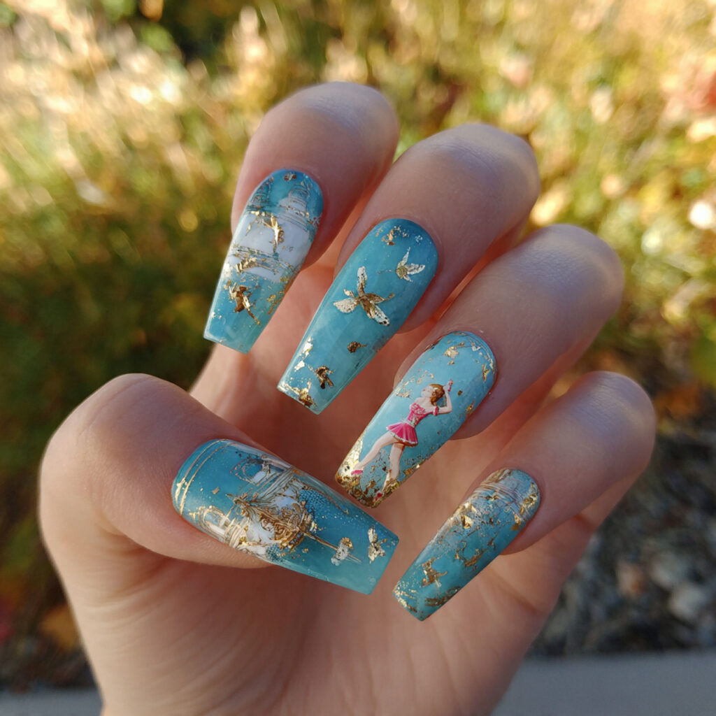 Nail Inspo Ballerina: Elegant, Feminine & Soft Glam Designs 5 attractive ballerina nails with gold foil with out