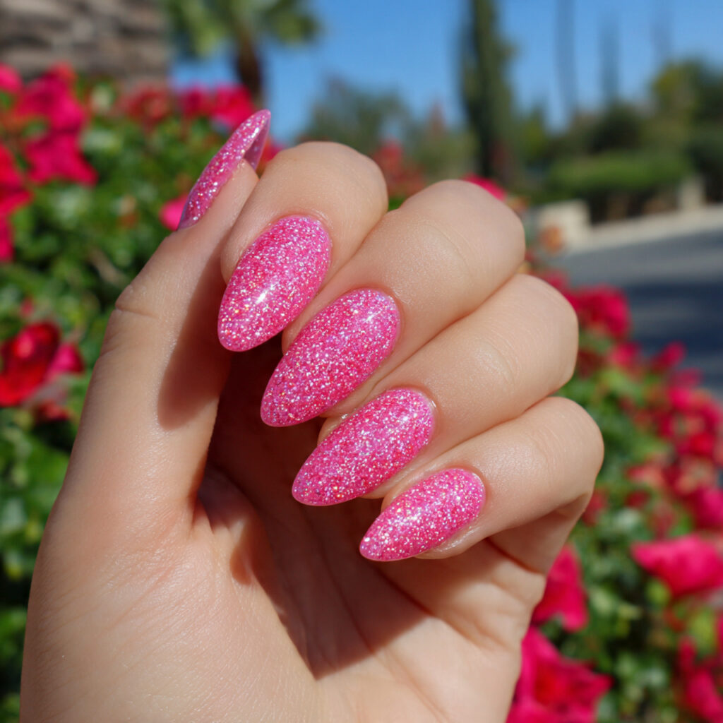 Barbie Pink Nails: The Ultimate Girly Glow-Up 6 attractive barbie pink glitter nails with outdoor