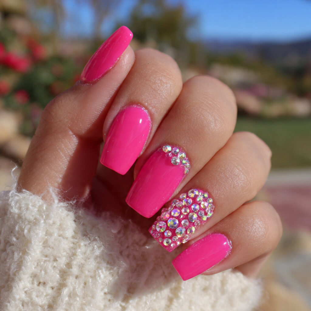 Barbie Pink Nails: The Ultimate Girly Glow-Up 12 attractive barbie pink with rhinestones nails with