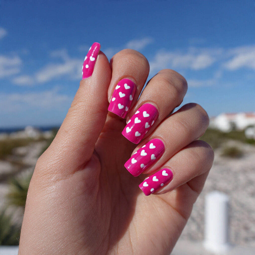 Barbie Pink Nails: The Ultimate Girly Glow-Up 4 attractive barbie pink with white hearts nails wit