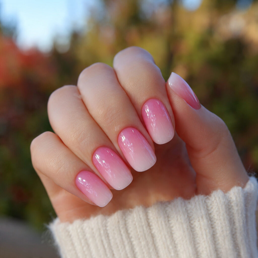 Pink and White Ombre Nails: Soft, Dreamy & Effortlessly Elegant Ideas 12 attractive base pink ombre nails with outdoor back