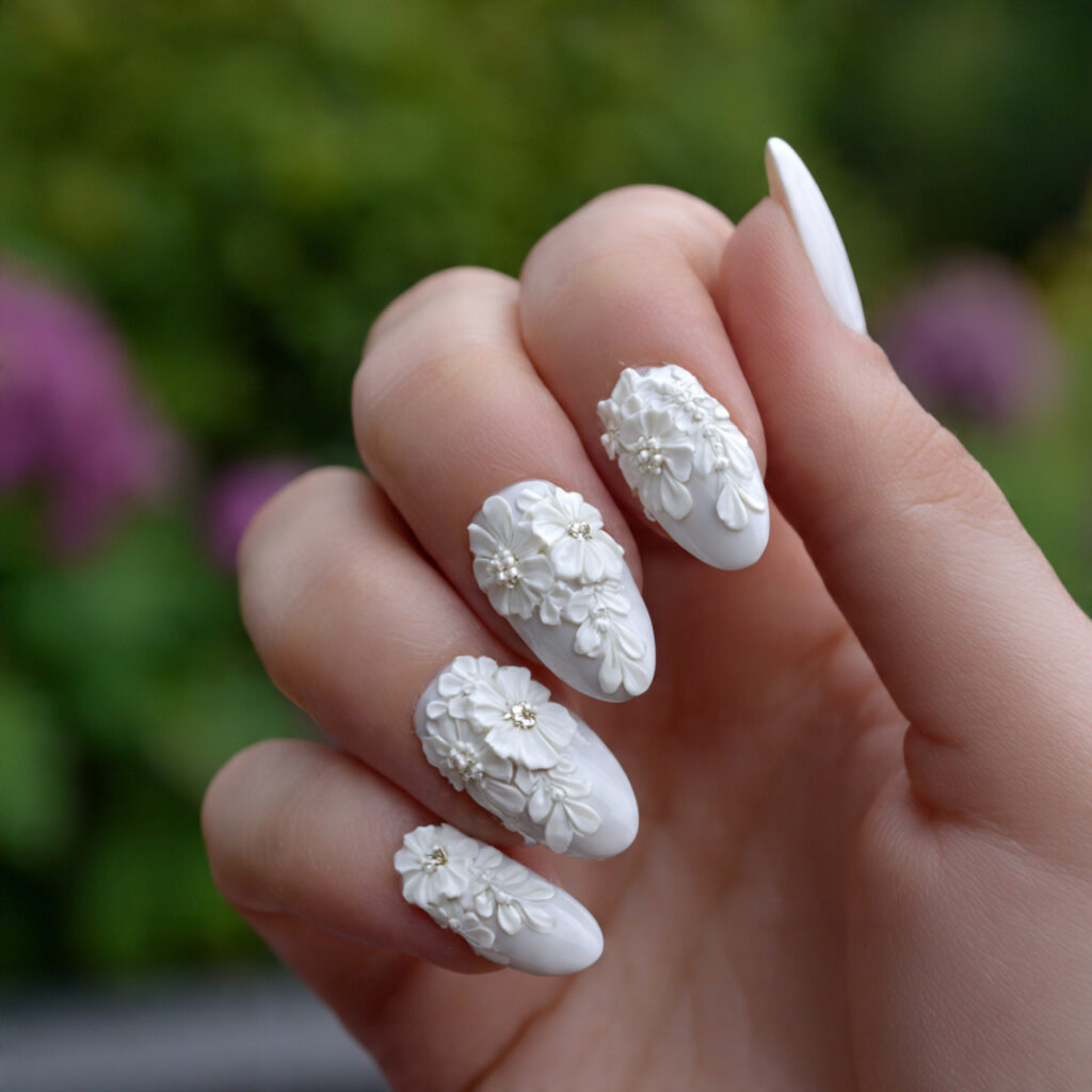 Nail Inspo 3D Flower: Soft Petals, Dreamy Details & Pure Romance 3 attractive base with white 3d petals nails with ou