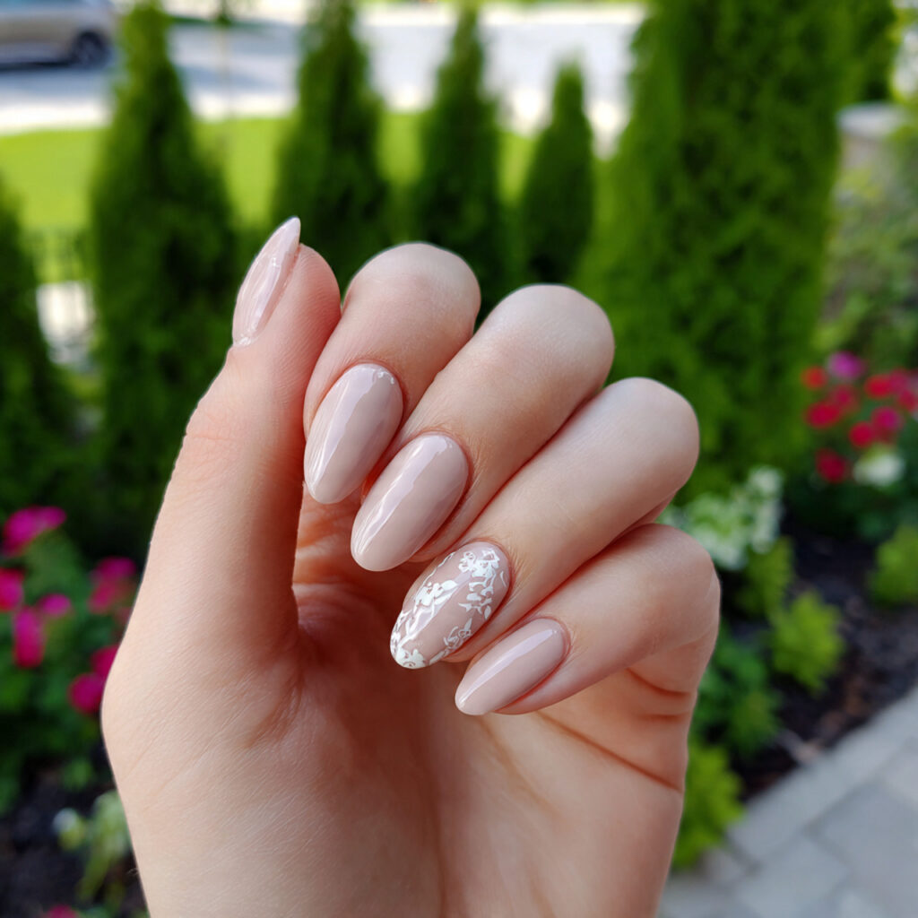 attractive beige almond nails with outdoor backgro 1