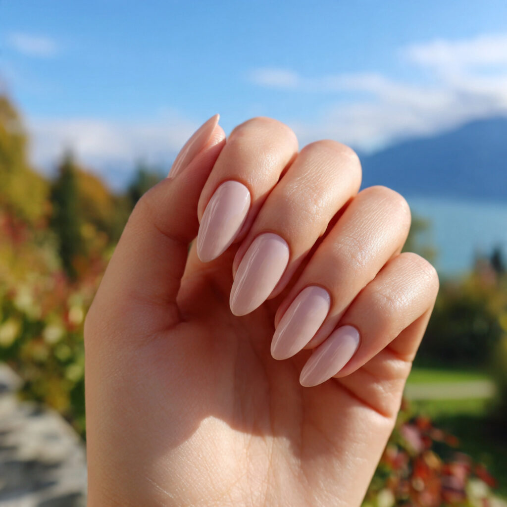 attractive beige almond nails with outdoor backgro