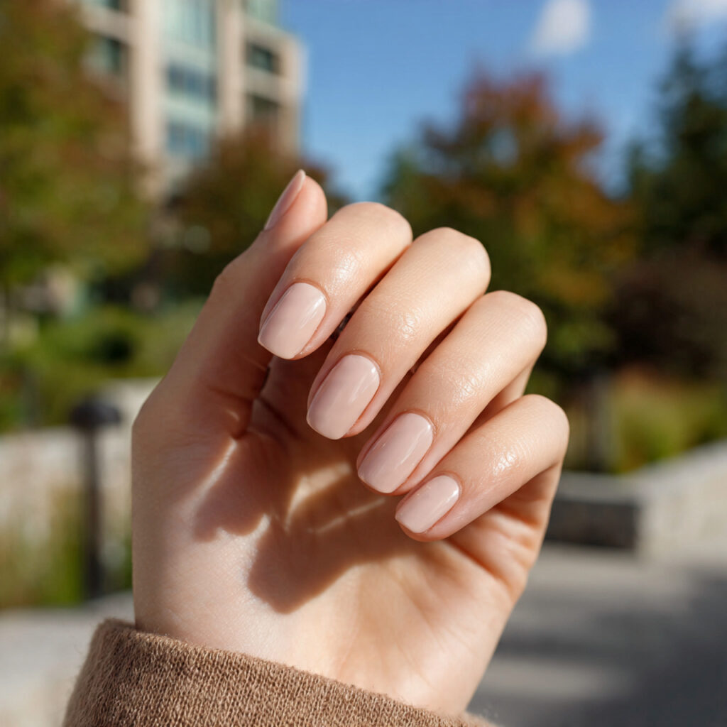 Nail Inspo Solid Color: Simple Shades That Feel So Put-Together 3 attractive beige clean nails with outdoor backgrou