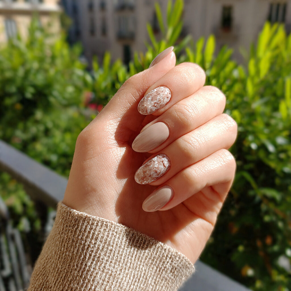 attractive beige everyday nails with outdoor backg